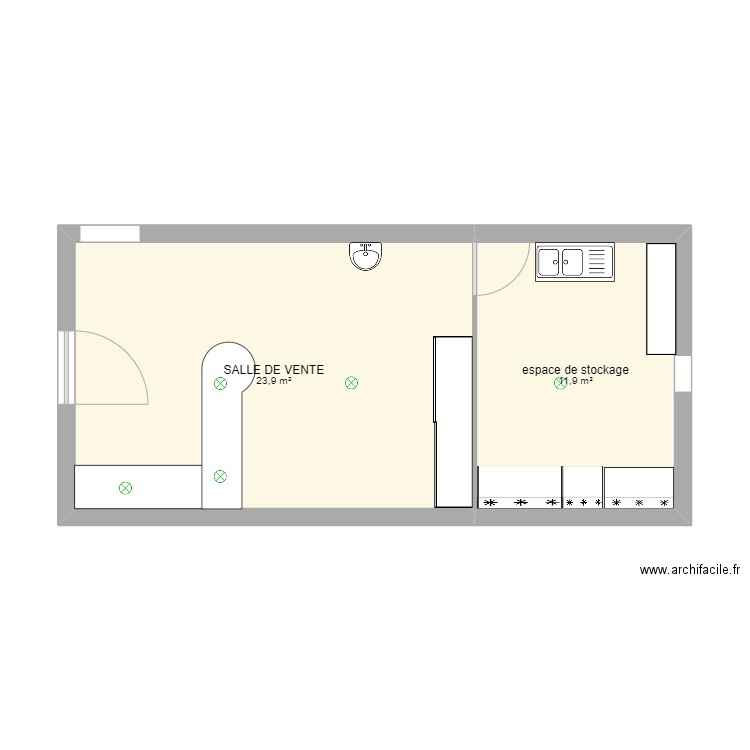 salle de vente. Plan de 2 pièces et 36 m2
