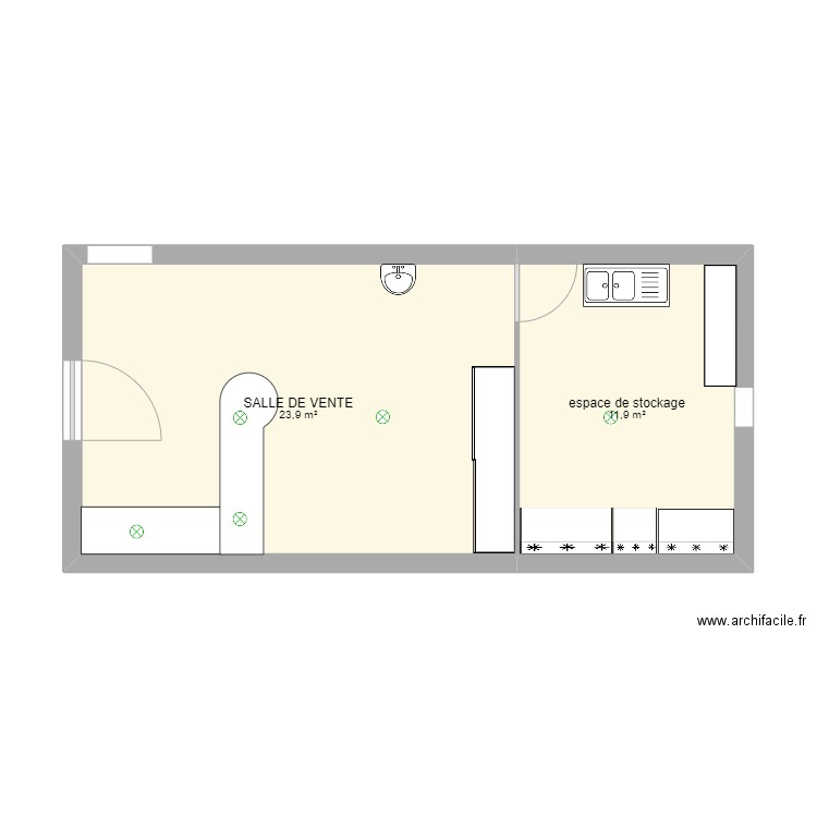 salle de vente. Plan de 2 pièces et 35 m2