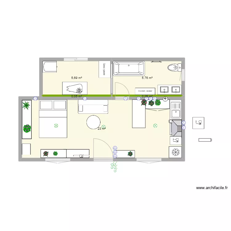 Bungalow avec chambre et sdb. Plan de 