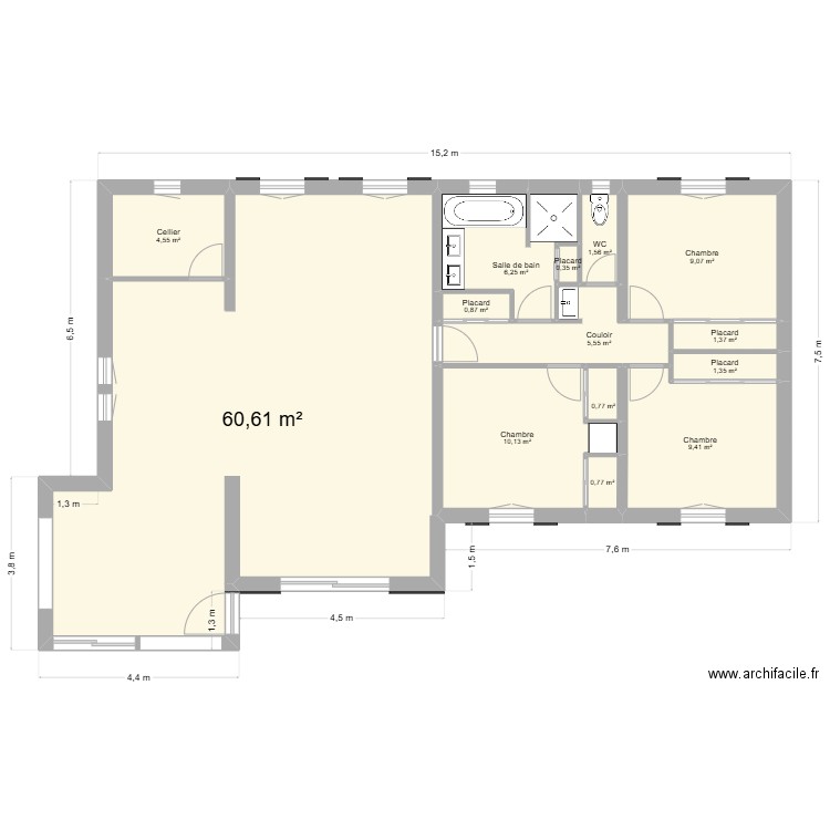 Zone de vie V0. Plan de 14 pièces et 113 m2