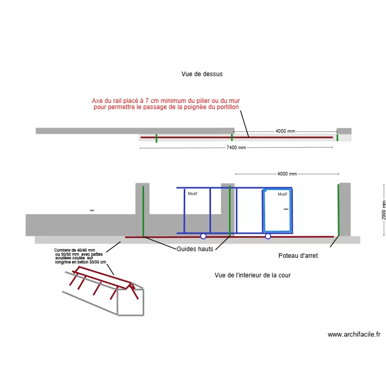 plan pose rail coulissant droit maçonneries 400 cm mur avec cloture. Plan de plan pose rail coulissant droit maçonneries 400 cm mur avec cloture. Plan de