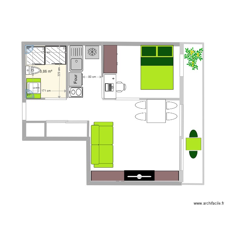 STUDIO CAROLINE V5. Plan de 1 pièce et 4 m2