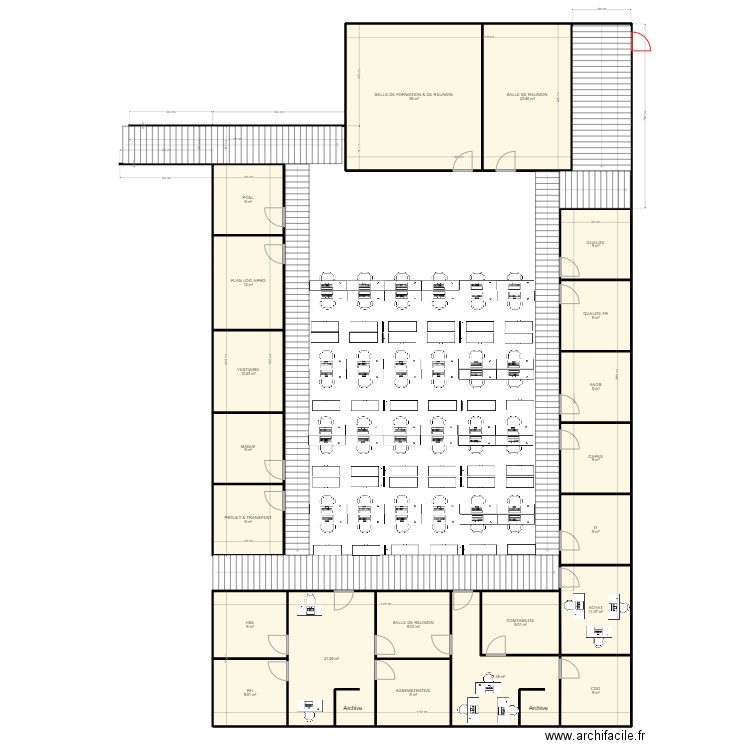 Open space V6. Plan de 21 pièces et 258 m2