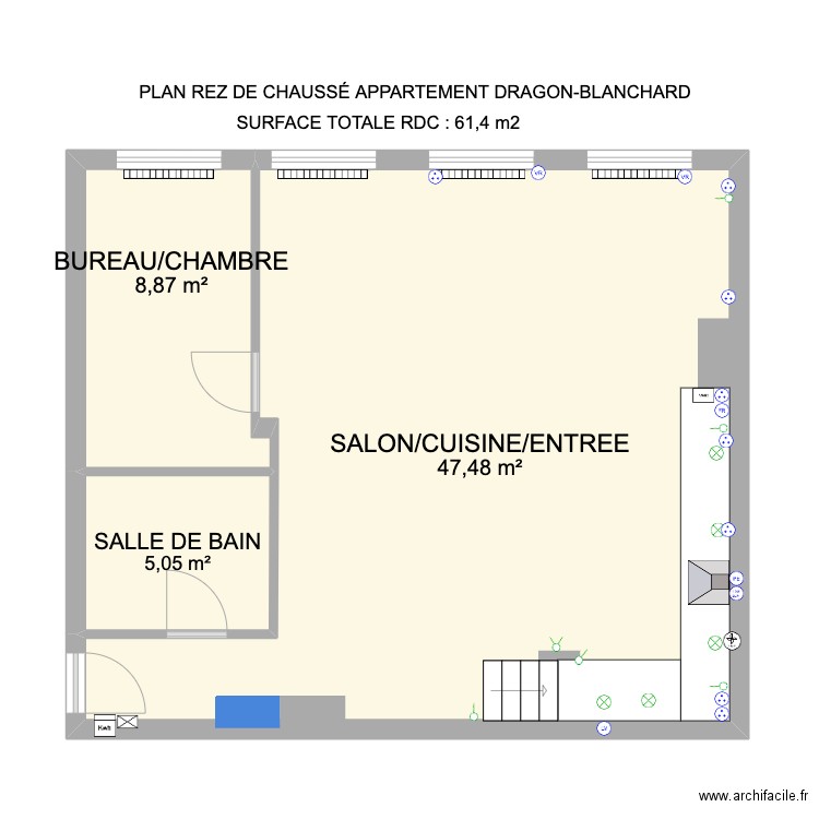 Plan elec RDC - métré. Plan de 3 pièces et 61 m2