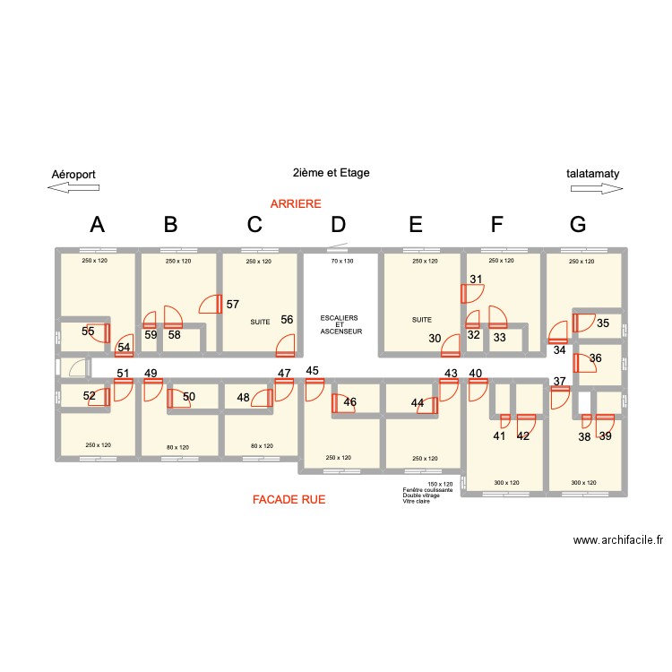 Ouvertures portes 2ième ETAGE. Plan de 28 pièces et 39 m2