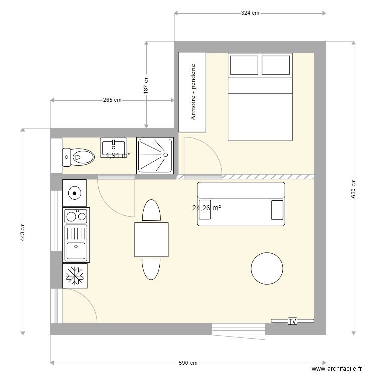 cabanonflorectif. Plan de 2 pièces et 26 m2