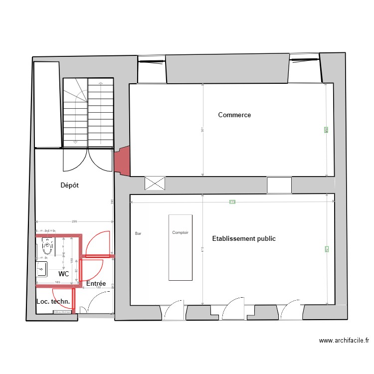 REZ 1/50 WC droite. Plan de 11 pièces et 83 m2