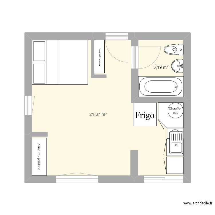 studio. Plan de 2 pièces et 25 m2