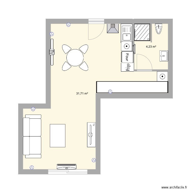 Souis sol. Plan de 2 pièces et 36 m2