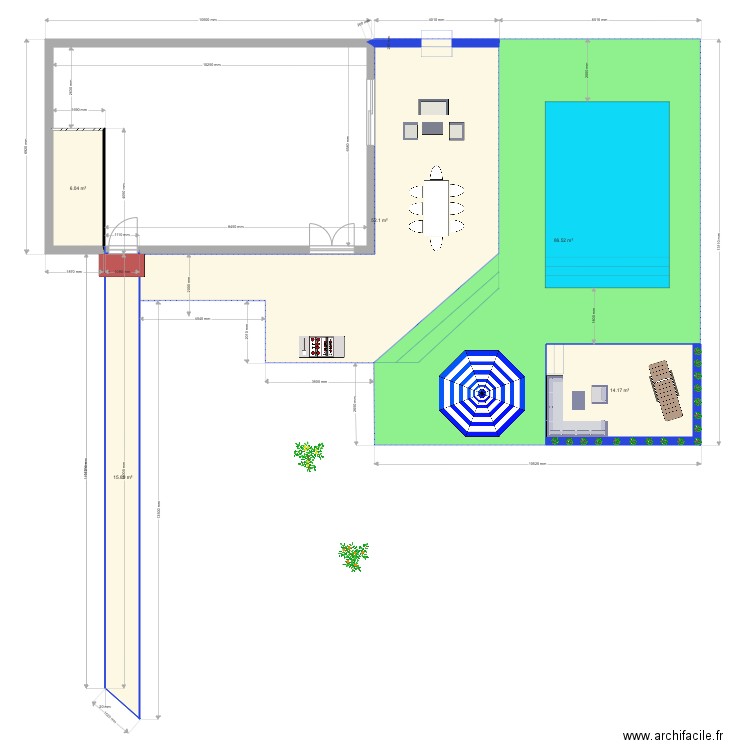 Plan Exterieur terasse avec piscine 6 par 4 et plage mieux . Plan de 0 pièce et 0 m2