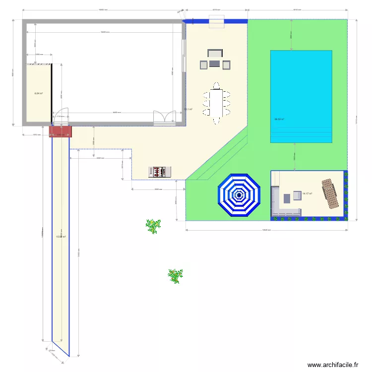 Plan Exterieur terasse avec piscine 6 par 4 et plage mieux . Plan de 