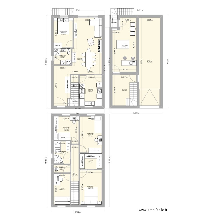 Maison 6m de façade. Plan de 16 pièces et 174 m2