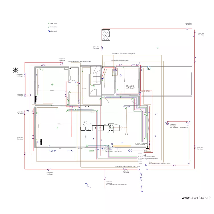 APRES rdc maison Thomery 2 sdd circuit &eacute;lect d&eacute;taill&eacute;. Plan de 