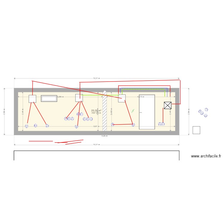 prises coté garrage. Plan de 1 pièce et 23 m2