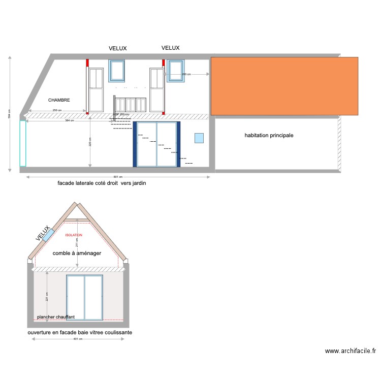 vue longitudinale longere etat existant et future . Plan de 0 pièce et 0 m2