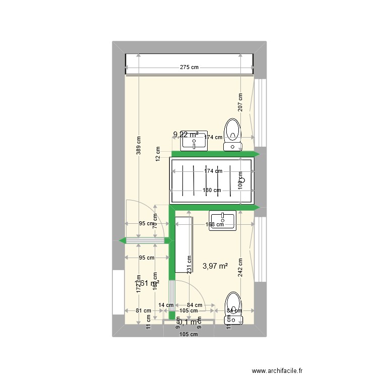 SDB 5. Plan de 4 pièces et 15 m2