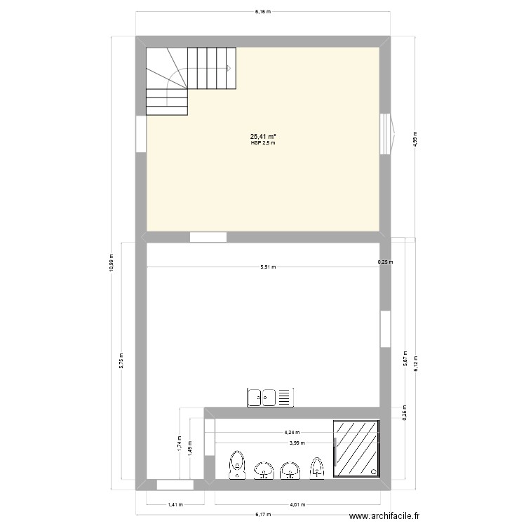 PR GBA. Plan de 1 pièce et 25 m2