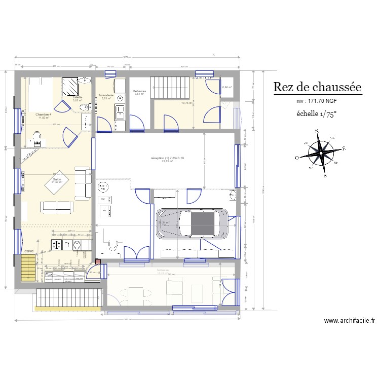 Rez de Chaussée sous terrasse. Plan de 26 pièces et 261 m2