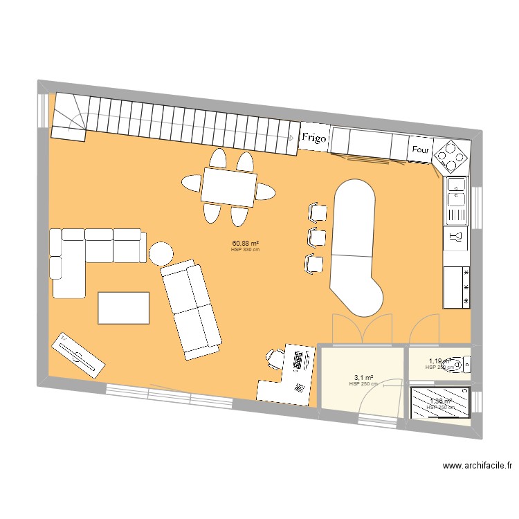 salon cuisine. Plan de 0 pièce et 0 m2