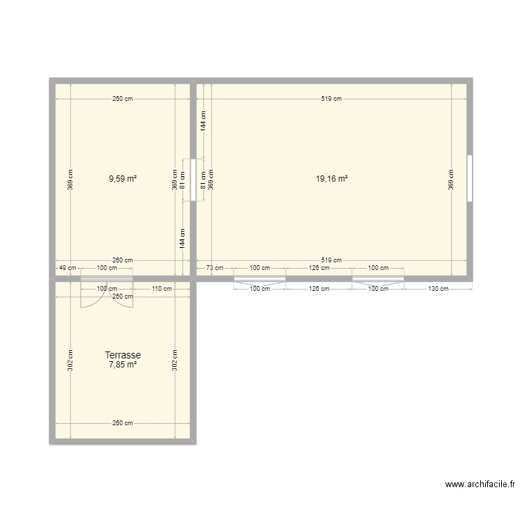 T2 avec terrasse . Plan de 3 pièces et 37 m2