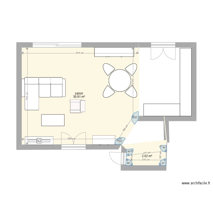 Salon/cuisine. Plan de 2 pièces et 33 m2