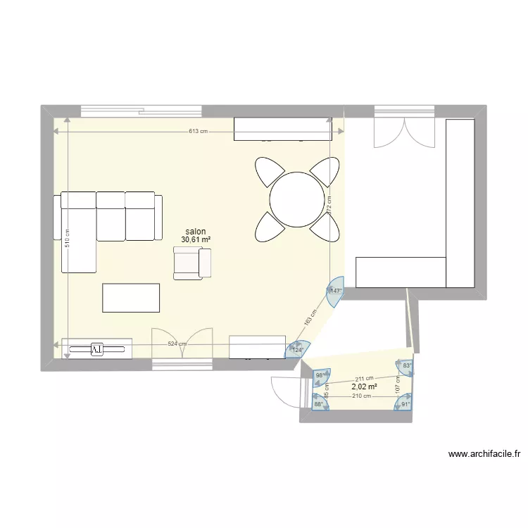 Salon/cuisine. Plan de 