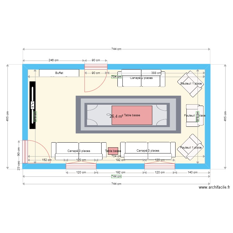 Salon version 2. Plan de 1 pièce et 26 m2