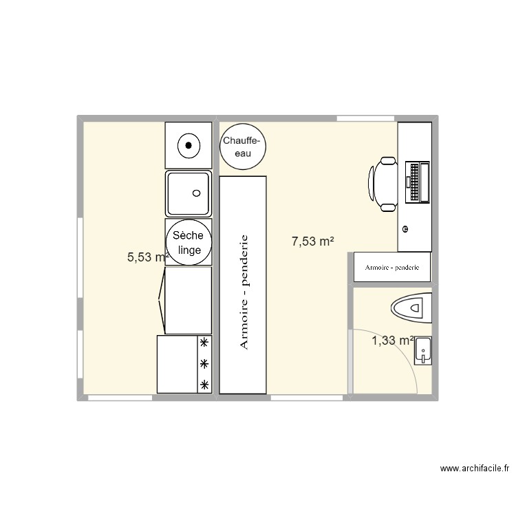 plan cruguel buanderie WC. Plan de 3 pièces et 14 m2