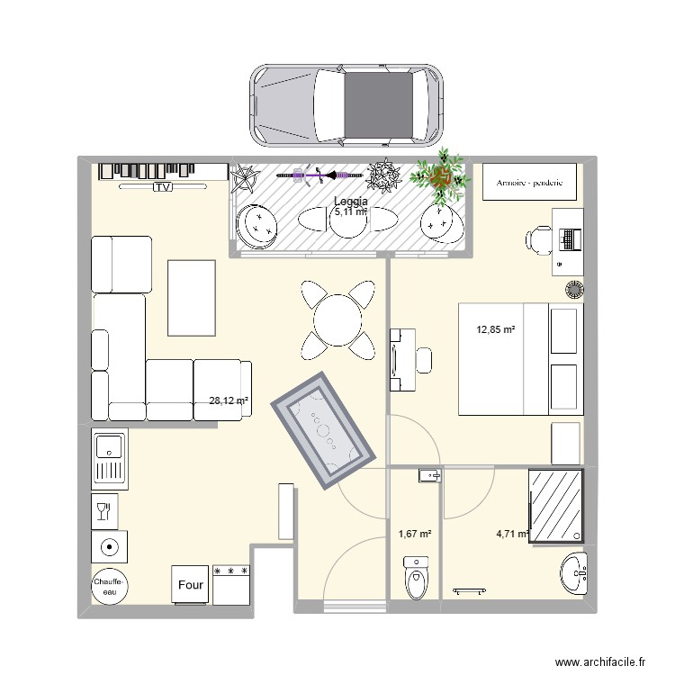 Appt BX. Plan de 5 pièces et 52 m2