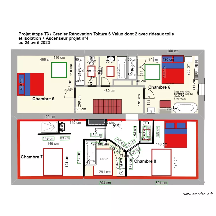 PProjet ETAGE T3 R&eacute;am&eacute;nagement chambres &eacute;tage avec colima&ccedil;on 100. Plan de 