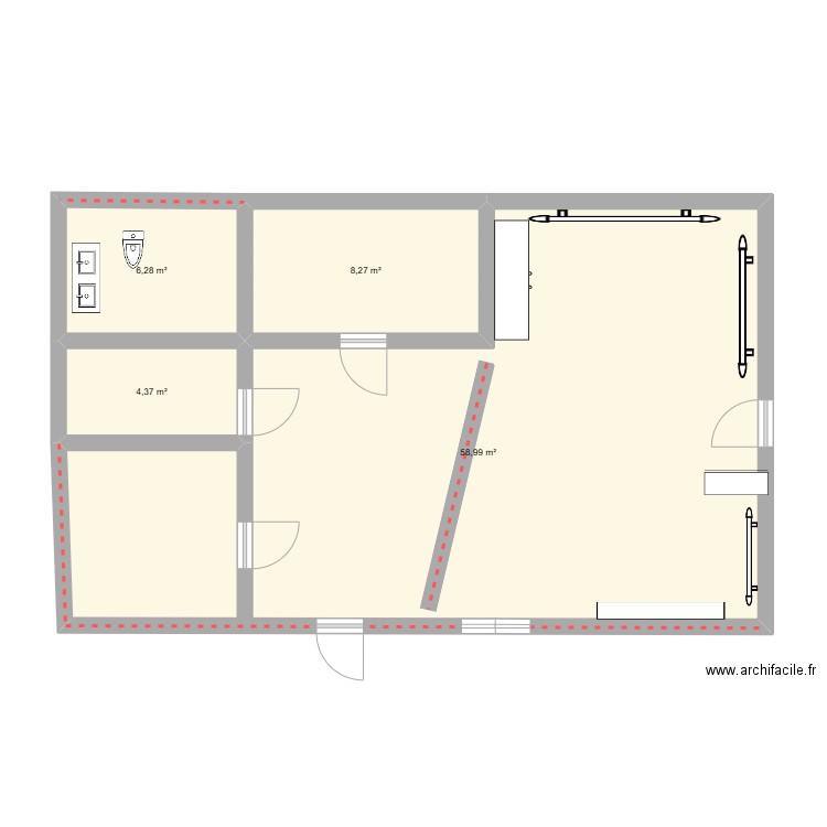 plan toilette friperie. Plan de 4 pièces et 78 m2