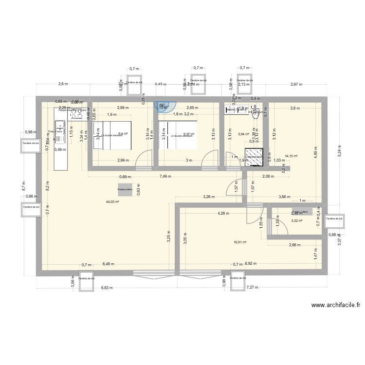 Combles 2. Plan de 7 pièces et 103 m2