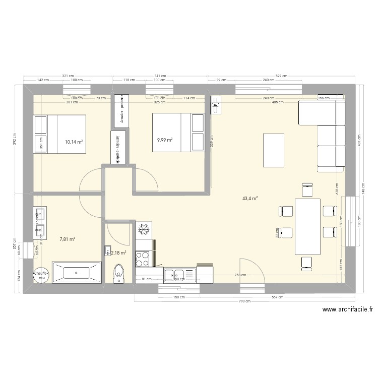 plan maison 70m2 T3. Plan de 5 pièces et 74 m2