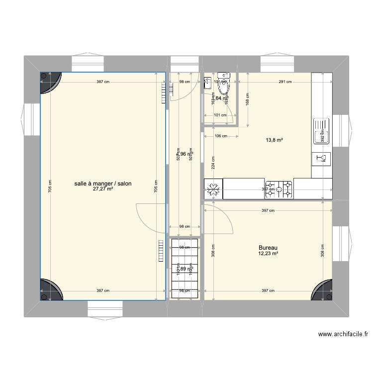 Plan RDC version pré travaux. Plan de 6 pièces et 62 m2