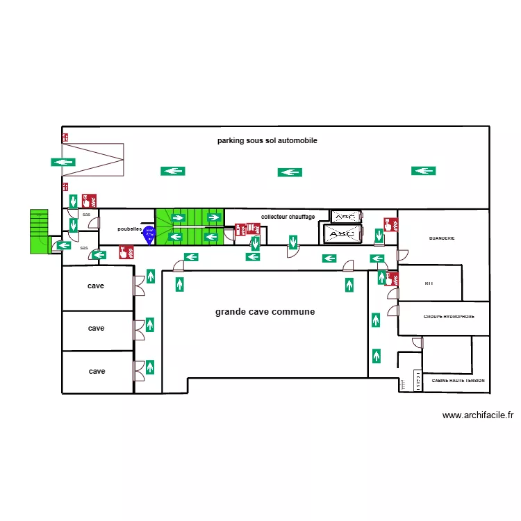 sous sol incendie bouteille 58 couloir cave. Plan de 