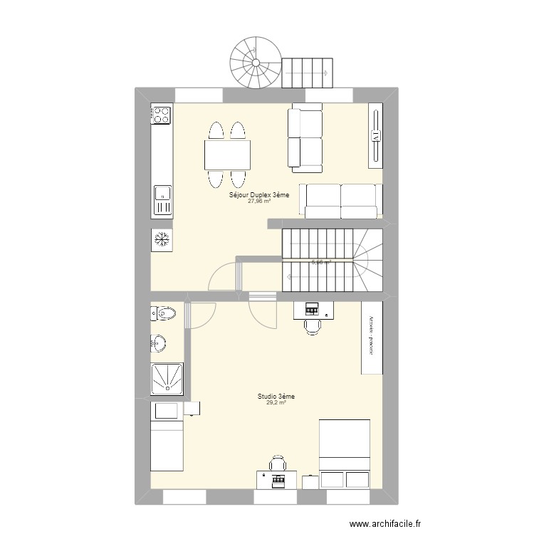 Charleville 3èmebis. Plan de 3 pièces et 63 m2