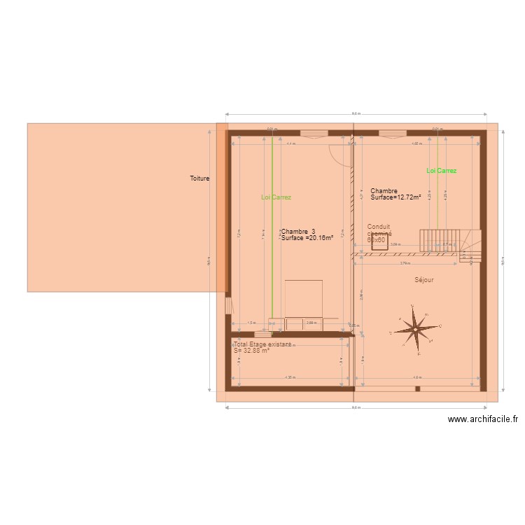 plan etage existant. Plan de 4 pièces et 82 m2