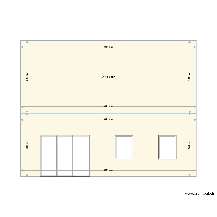 Plan projet façade ext actuel. Plan de 2 pièces et 55 m2