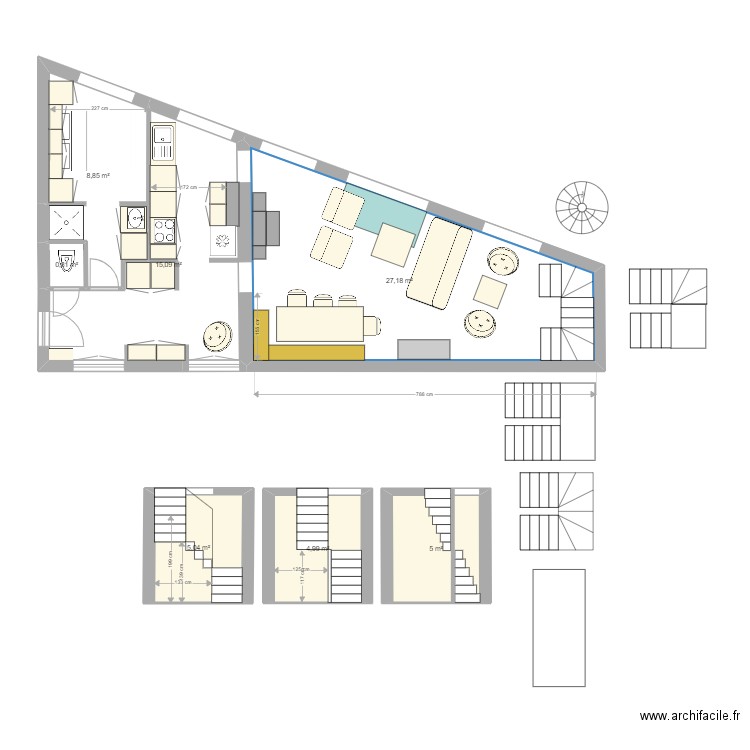 DUNKERQUE escalier 1/2 tournant. Plan de 7 pièces et 67 m2