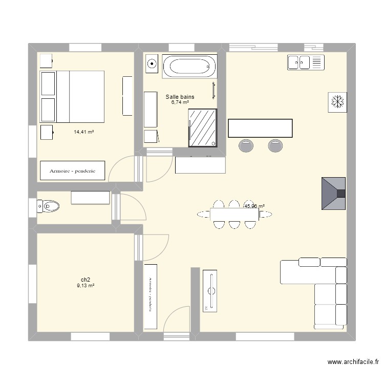 plain-pied. Plan de 4 pièces et 76 m2