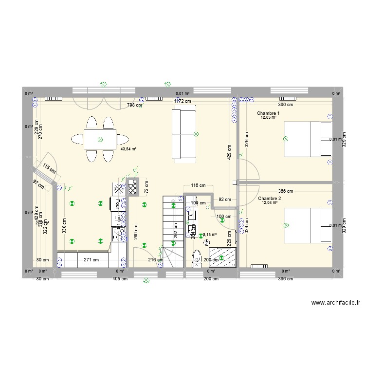 RDC. Plan de 19 pièces et 76 m2
