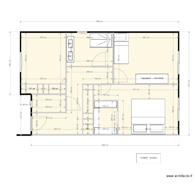 Partie Nuit avec mobilier. Plan de 11 pièces et 55 m2