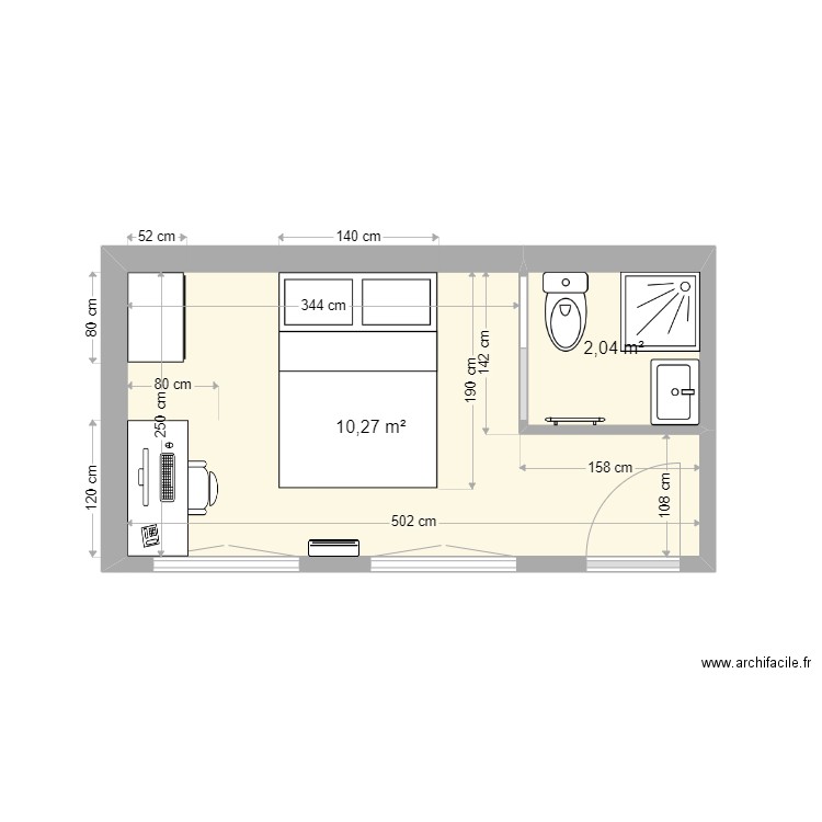 Chambre avec SDB. Plan de 2 pièces et 12 m2