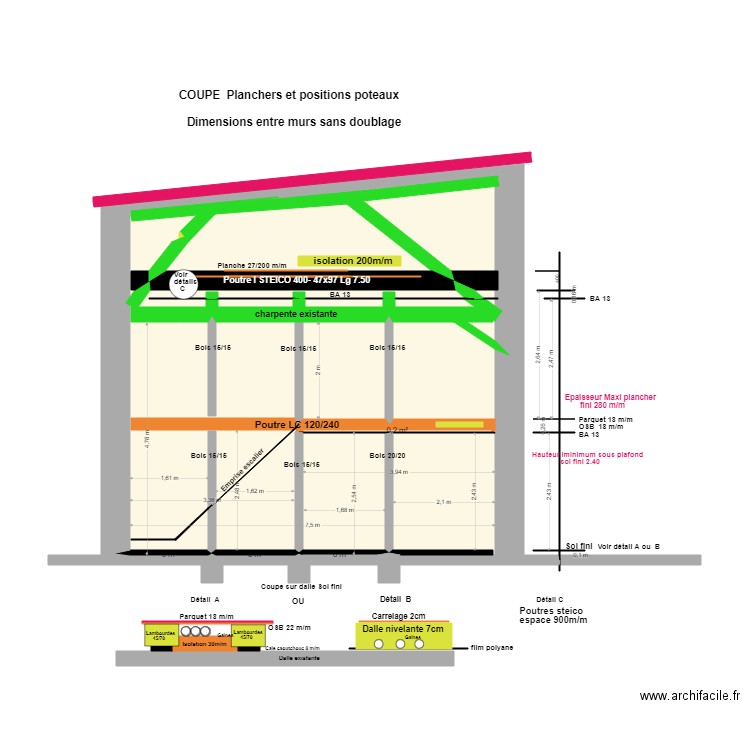 Coupe sur poteaux et poutres  21/3/24. Plan de 11 pièces et 43 m2