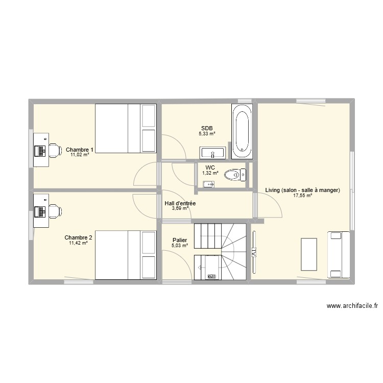 Annexe Tenderie RDC bis. Plan de 8 pièces et 55 m2