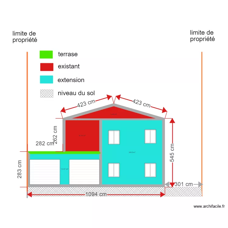 plan de la face avant c&ocirc;t&eacute; sud avec extension. Plan de 