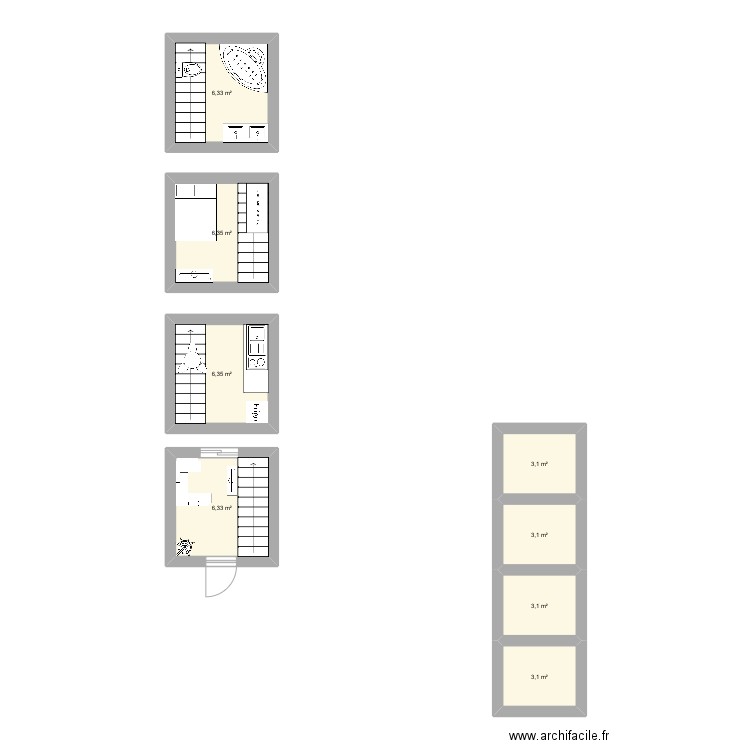 Container. Plan de 8 pièces et 38 m2