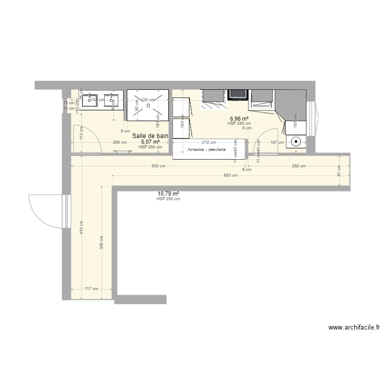 buandrie  SDB modification 2. Plan de 3 pièces et 23 m2