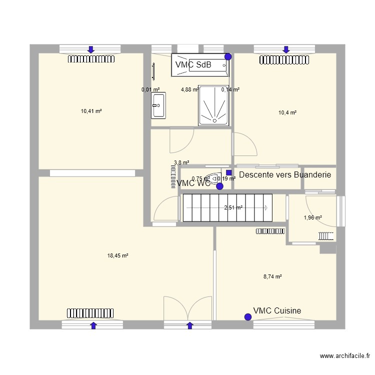 Bergeron rdc vmc. Plan de 13 pièces et 64 m2