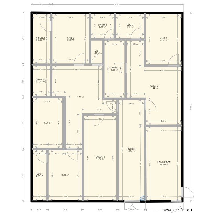 GY 5DEC. Plan de 16 pièces et 158 m2